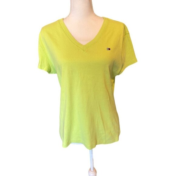 Tommy Hilfiger Women's Lime Green V-Neck T-Shirt XL 100% Cotton Short Sleeve - Picture 1 of 11